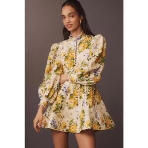 Anthropologie x BHLDN - Floral Puff Sleeve Mini Dress with Open Back, Size 10